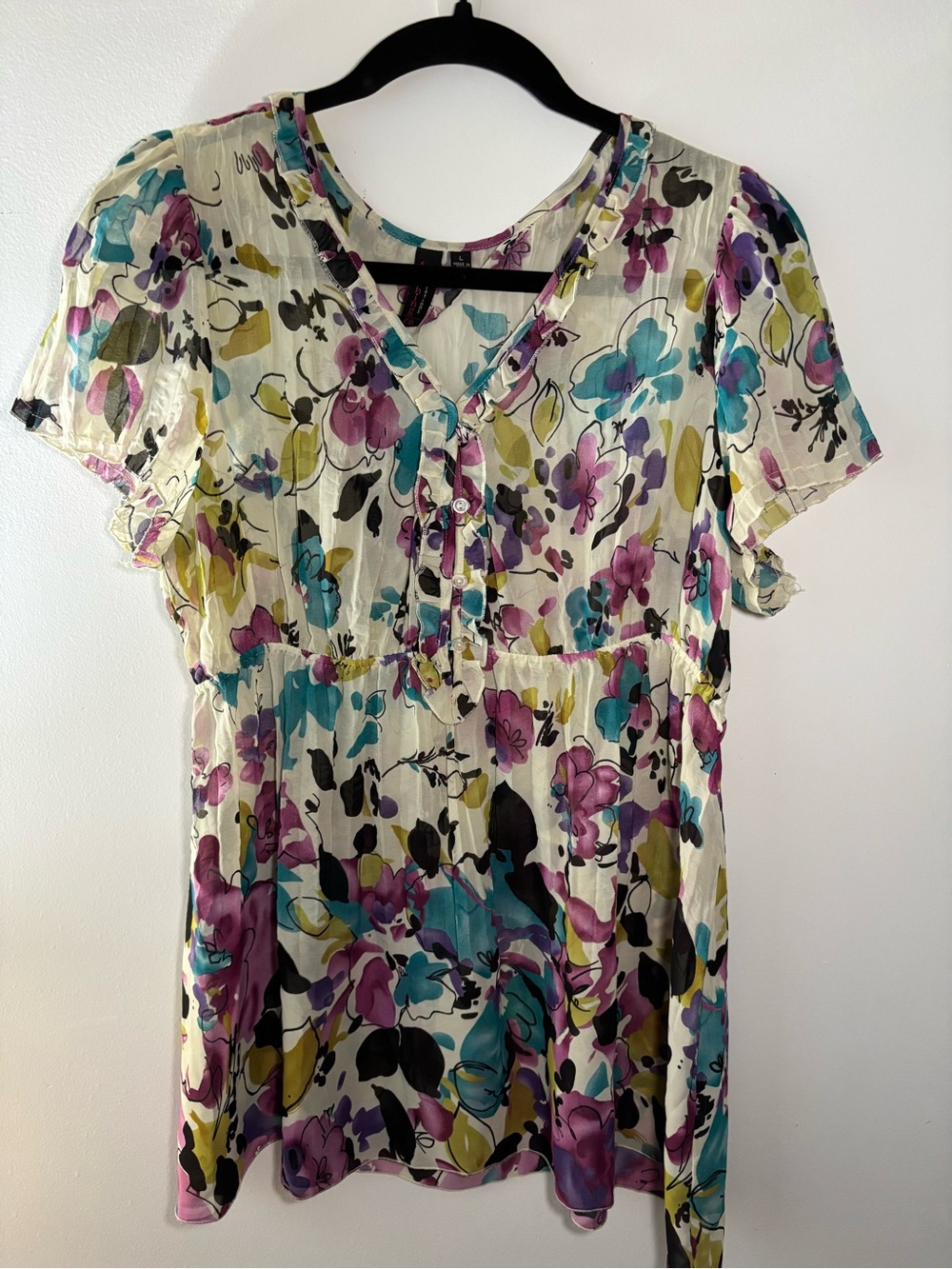Notations Cream Floral V-Neck Blouse with Teal, Purple & Yellow Accents